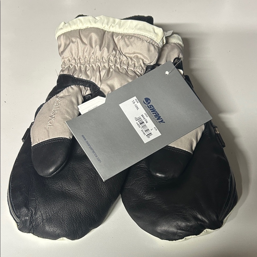 NWT Swany Toaster Leather Palm White and Gray Ski/Snow Mittens Women’s Large